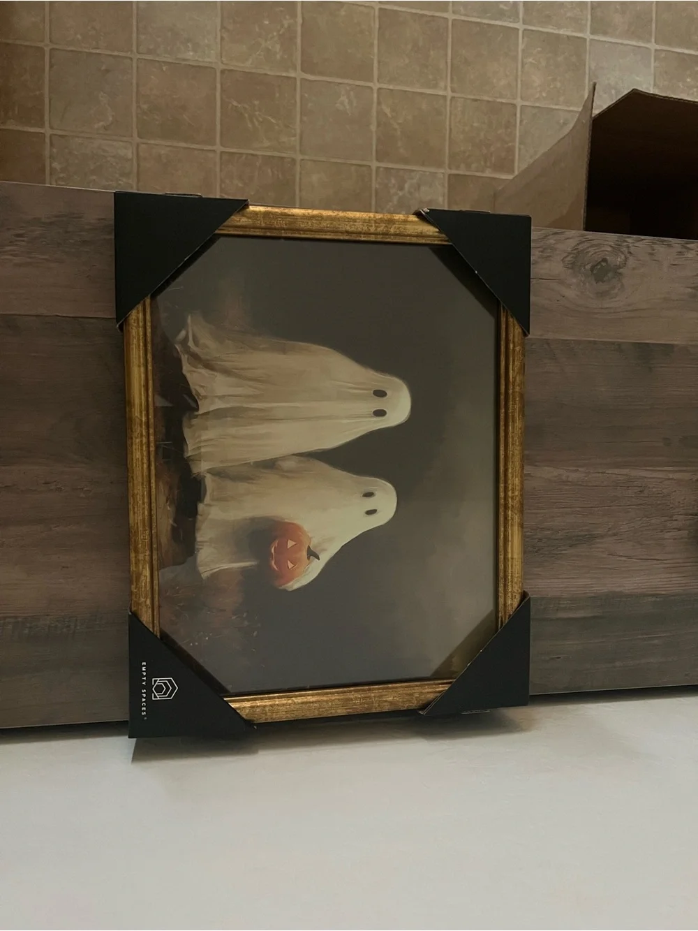 Haunted Ghosts Holding Pumpkin Halloween Print in Gold Frame -Empty Spaces